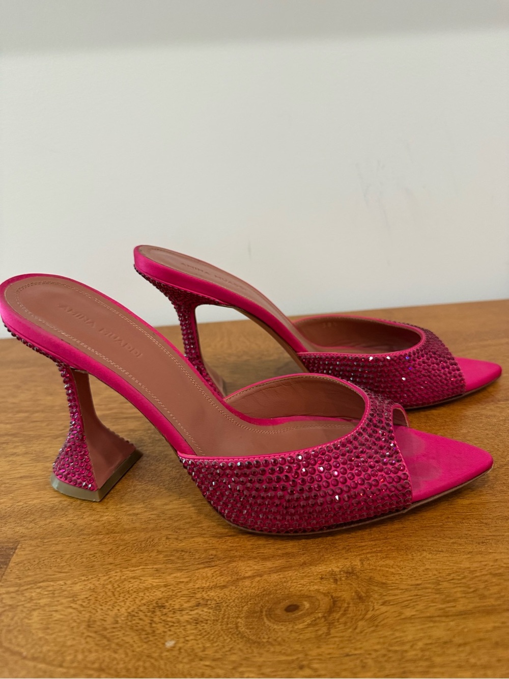 Amina Muaddi Hot Pink Crystal Embellished Women's Heeled Mules